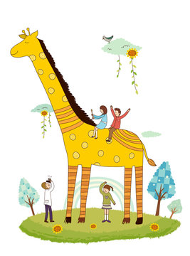 Giraffe and children