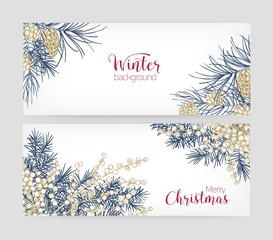 Bundle of horizontal botanical backgrounds with coniferous tree branches and cones, juniper berries and Merry Christmas lettering. Set of seasonal banner templates. Holiday vector illustration.