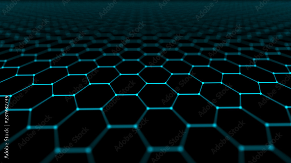 Poster Abstract technology background. Artificial intelligence. Futuristic hexagon perspective background. Big data visualization. 3D rendering.
