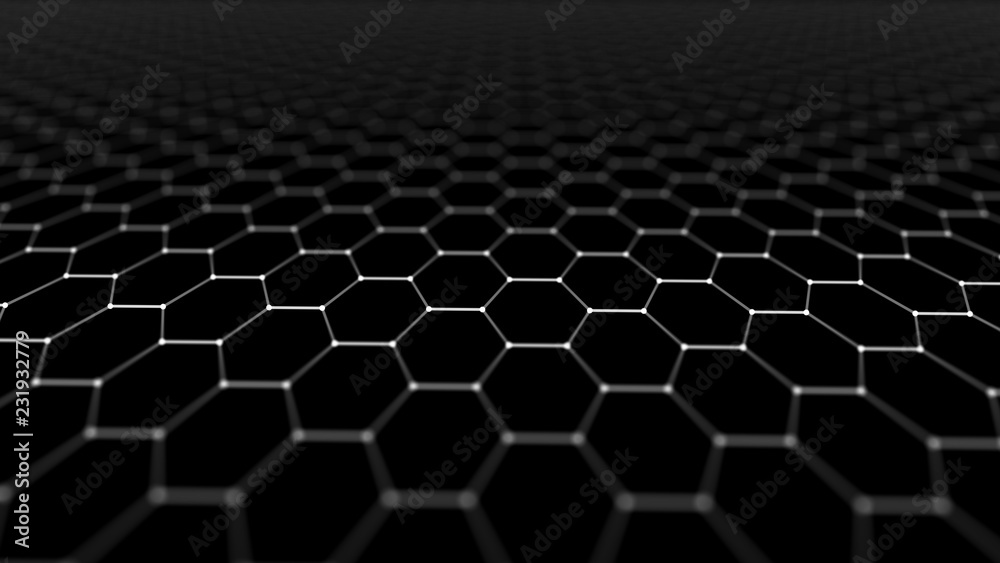 Poster Abstract technology background. Artificial intelligence. Futuristic hexagon perspective background. Big data visualization. 3D rendering.