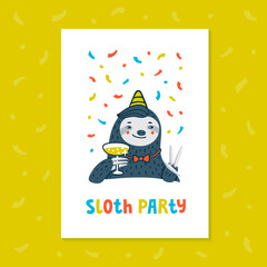 Animal party. Lazy sloth party. Cute sloth with champagne