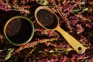 Black amaranth seed and inflorescence in a cup and spoon