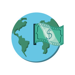 world planet earth with bills dollars