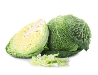 Fototapeta premium Fresh green savoy cabbages on white background