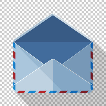 Open mail envelope icon in flat style with long shadow on transparent background