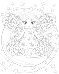 cute fairy girl on moon.Sketch, postcard, print, coloring adult anti stress book. Boho zen art style doodle.