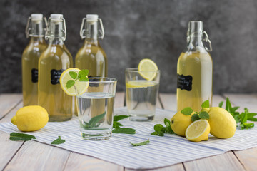 Homemade mint syrup and glass with lemonade from a syrup with lemon slice.