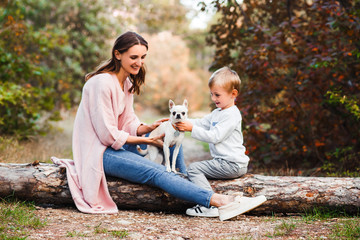 Fototapeta premium Happy family on autumn walk! Mother and son walking in the Park and enjoying the beautiful autumn nature.
