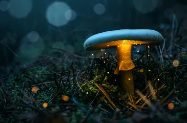 Fototapeten Feenhafter, leuchtender Pilz im nebligen Wald nachts mit Kopierraum © rangizzz