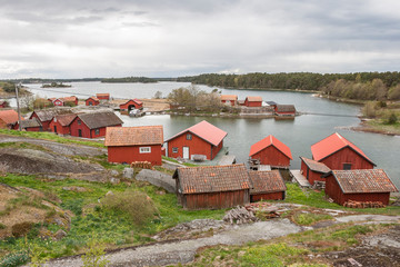 red swedish houses in Harstena, a little fishing village in the Gry skerry garden, swedish east coast