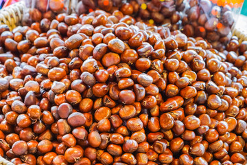 Chestnut in a basket, available for sale in the hill tribe market, Thailand.