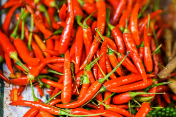 Close-up several red  peppers cook or hot peppers is a spicy vegetables, Organic ingredients for cooking of Mexican food.
