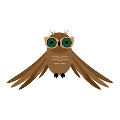 Owl with wings down. Owl. Vector illustration of an owl with green eyes. Cartoon owl.