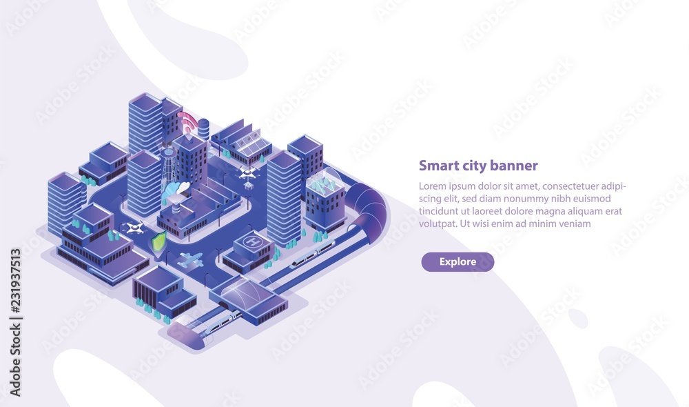 Poster Horizontal web banner template with smart city model and place for text. Urban area with electronically managing traffic, water supply, community services. Colorful isometric vector illustration.