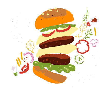 Vector hand drawn illustration of double burger with spices and snacks isolated on white textured background. Good for menu design, chalkboard drawing, banners, special offers etc. Sketch style.