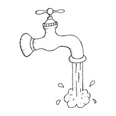 Vector  illustration of falling water from tap on white background. Hand drawn doodle.