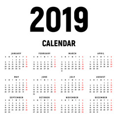 Calendar 2019 year. Black and white vector template. Week starts on Sunday. Basic grid. Pocket square calender. Ready design