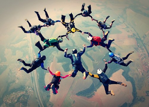 Skydivers team work photo effect