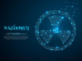 Radiation. Low poly wireframe illustration style. Vector polygonal image in the form of a starry sky or space, consisting of points, lines, and shapes in the form of stars with destructing shapes