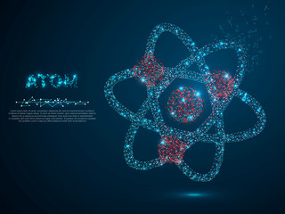 Atom. Low poly wireframe illustration style. Vector polygonal image in the form of a starry sky or space, consisting of points, lines, and shapes in the form of stars with destructing shapes