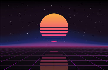 Retro Sci-Fi Background. Futuristic Vector illustration in 80s posters style.