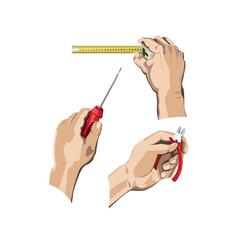 Vector image of male hands  with various tools