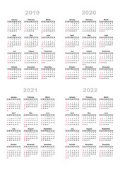 The calendar grid on a white background, start on Sunday, vector, 2019,2020,2021,2022