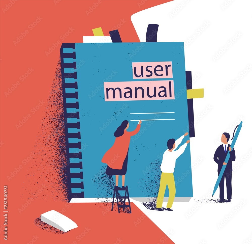 Leinwandbilder tiny people or managers trying to open giant user manual. small men and women and large computer sof