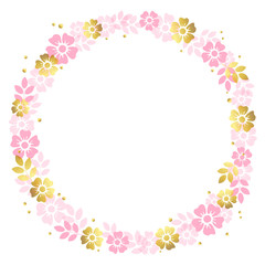 Decorative frame of pink and golden flowers and leaves in form of circle on white background for decoration, invitation or wedding, valentines day, valentine,lettering, text, advertising, flower shop