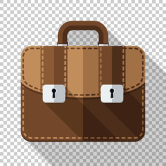 Leather briefcase icon in flat style with long shadow on transparent background