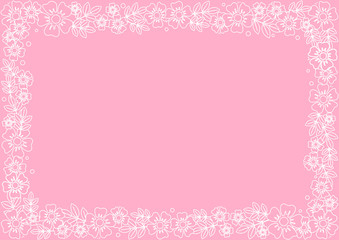 Decorative frame of white outline flowers and leaves on pink background for decoration, invitation or wedding, poster, valentines day, valentine, lettering or text, advertising, flower shop