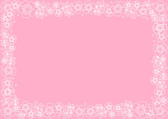 Decorative frame of white outline flowers and leaves on pink background for decoration, invitation or wedding, poster, valentines day, valentine, lettering or text, advertising, flower shop