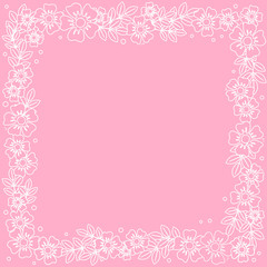 Decorative square frame of white outline flowers and leaves on pink background for decoration, invitation or wedding, poster, valentines day, valentine, lettering or text, advertising, flower sho