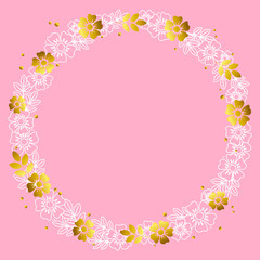 Decorative frame of white outline and golden flowers and leaves in form of circle on pink for decoration, invitation or wedding, valentines day, valentine,lettering, text, advertising, flower shop