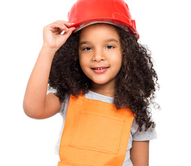 cute little girl in orange repairmen uniform and helmet isolatd on a white background