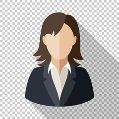 Female user icon in flat style with long shadow on transparent background