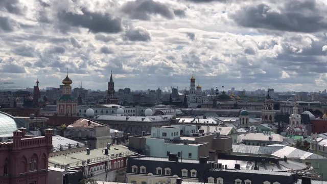 Rooftop view on Moscow Kremlin and many Orthodox churches and cathedrals towers from the view point on top of Detskiy Mir trading center