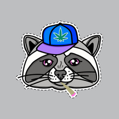 Raccoon boy dressed up in cool hip hop style. Image for print on T-shirts and other souvenir products. Cap and cigarette smokes. Hand drawn illustration isolated on gray background.