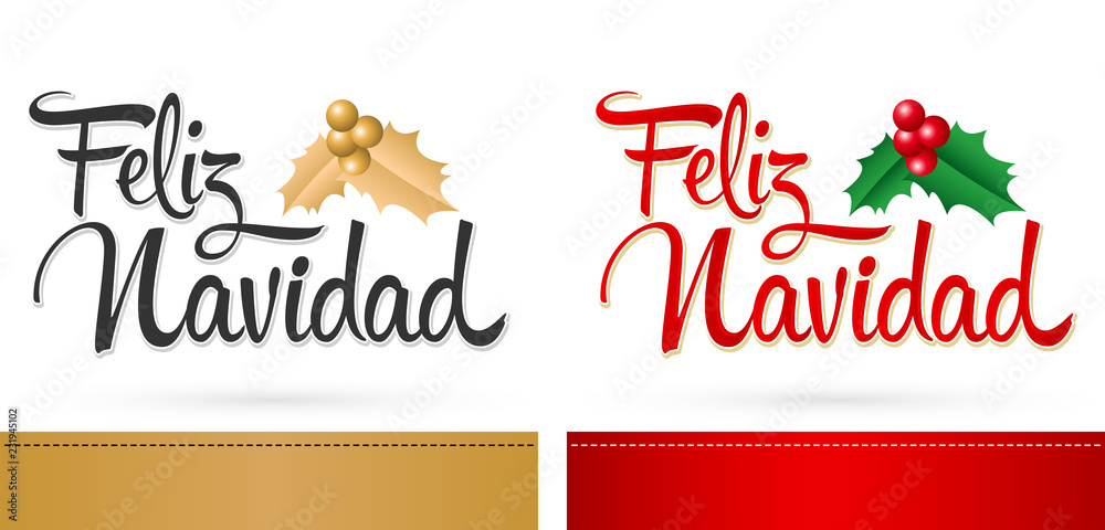 Wall mural feliz navidad, merry christmas spanish translation, vector set card template