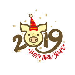 Card with funny pig head and 2019 Happy New Year. Vector illustration. New 2019, Chinese year of the pig.