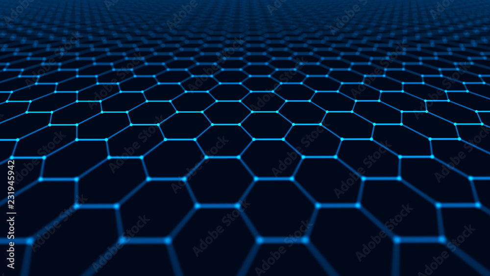 Aufkleber Abstract technology background. Artificial intelligence. Futuristic hexagon perspective background. Big data visualization. 3D rendering.