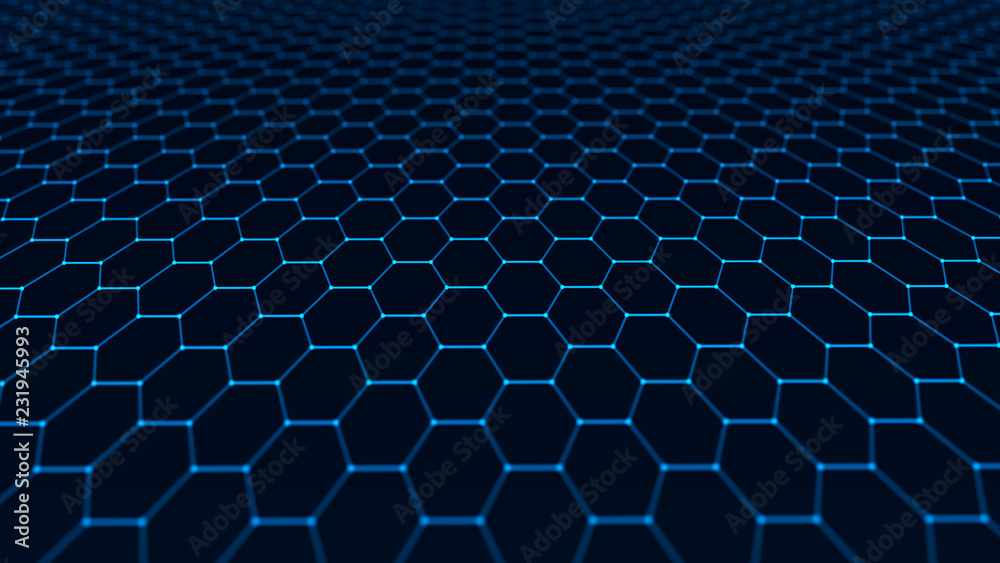 Aufkleber Abstract technology background. Artificial intelligence. Futuristic hexagon perspective background. Big data visualization. 3D rendering.