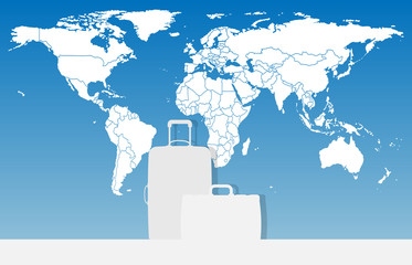 travel bag. world map in the background. illustration vector flat