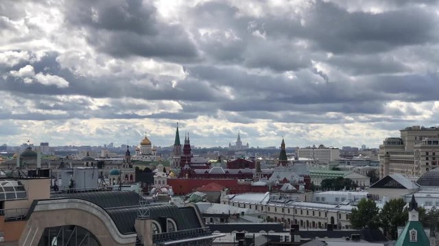 Rooftop view on Moscow Kremlin and many Orthodox churches and cathedrals towers from the view point on top of Detskiy Mir trading center