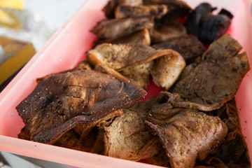 Fried beef tripe stomach cooked on a plate, babat goreng