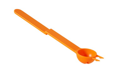 Image of plastic spoon for olives and fork for canapes on white 