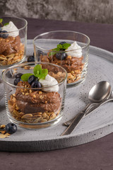 Glass cups of chocolate and chestnuts mousse