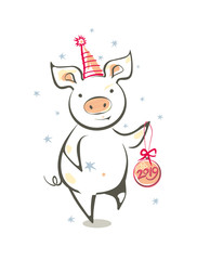 Funny dancing pig and Christmas ball. Colorful vector illustration in sketch style. New 2019 Chinese year of the pig. Festive cartoon pig.
