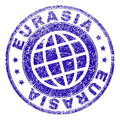 EURASIA stamp print with grunge style. Blue vector rubber seal print of EURASIA tag with grunge texture. Seal has words arranged by circle and globe symbol.