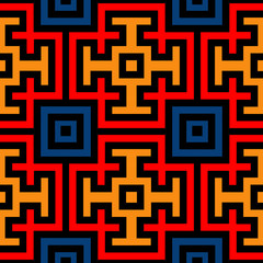 Modern seamless pattern with decorative ornament of red, orange, blue, and black shades